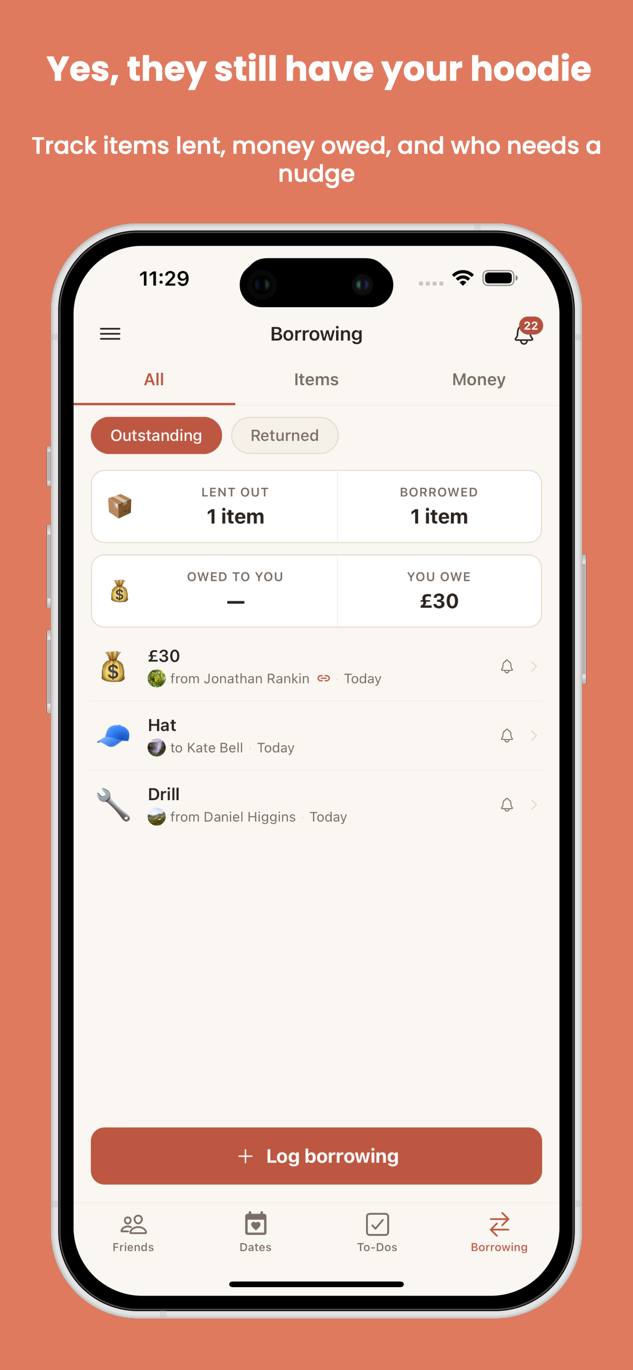 Borrowing screen showing tracked items and money between friends